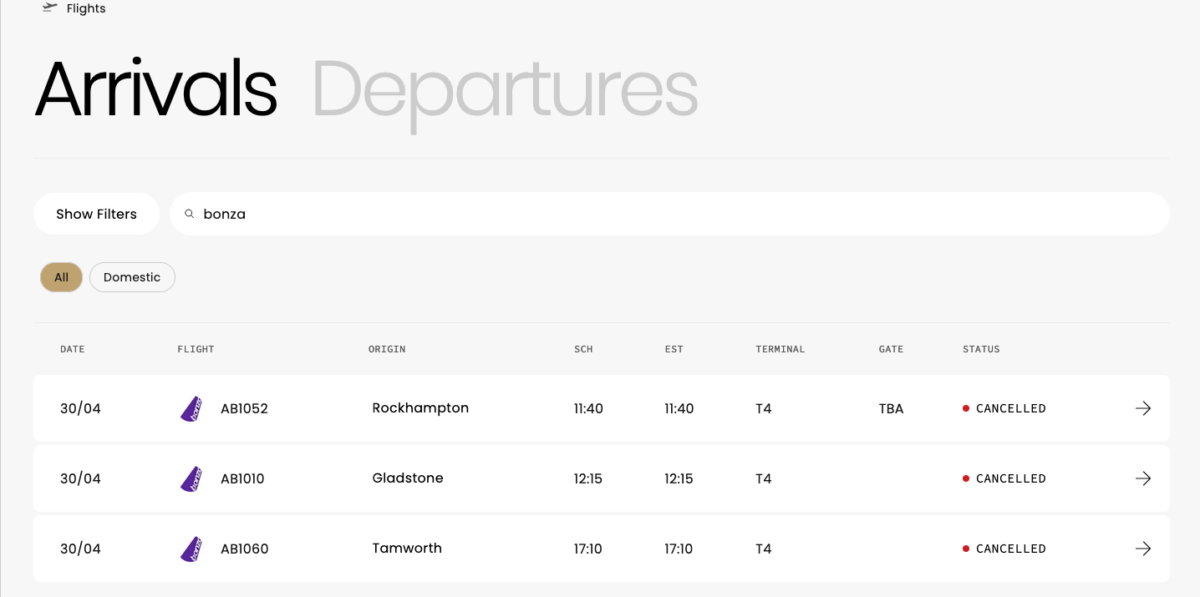 a screenshot of a flight schedule